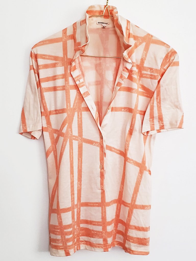 Hermes Vintage Logo Orange Ribbon Print Collared Shirt Small